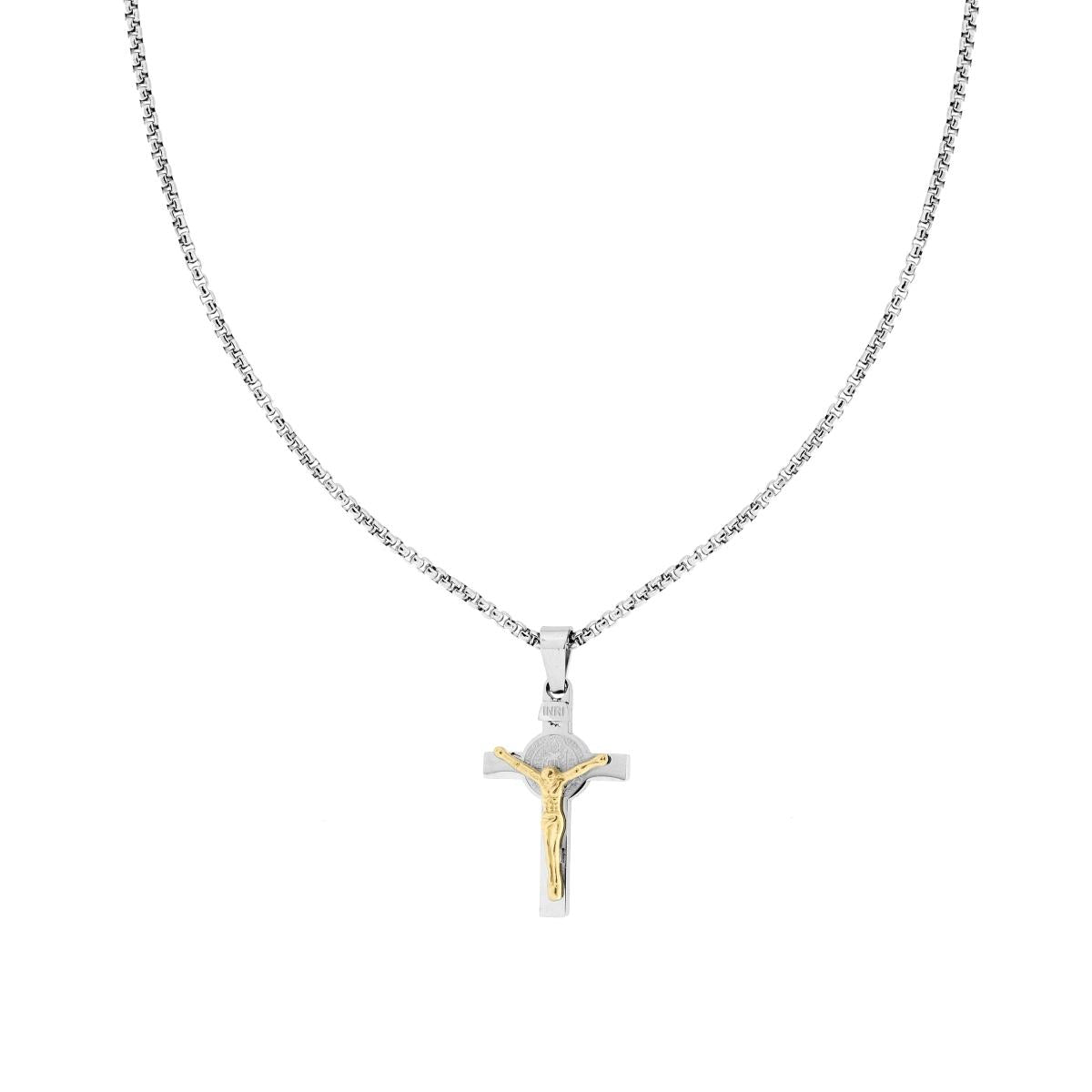 COLLANA CATENA VENEZIANA TONDA CON CROCE GESU' CRISTO ACCIAIO GOLD