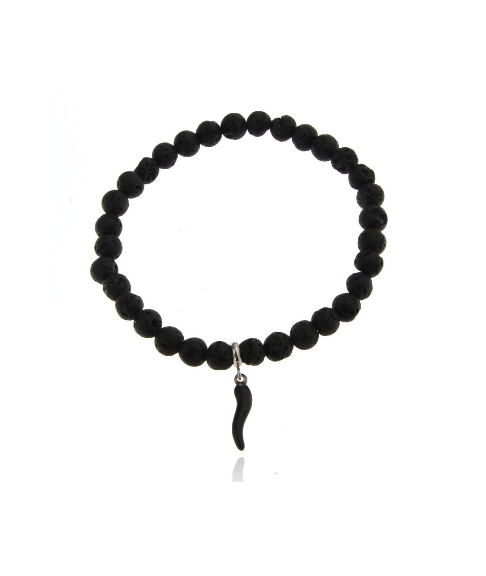 BRACCIALE ELASTICO CON SFERE NERE IN PIETRA LAVICA E CORNETTO IN ACCIAIO INOX