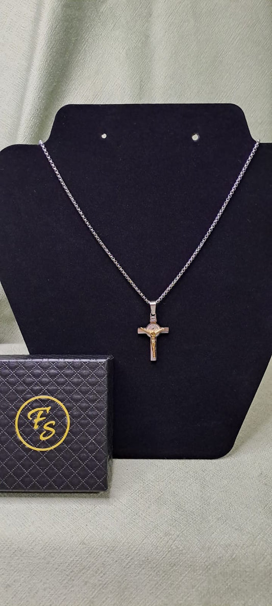 COLLANA CATENA VENEZIANA TONDA CON CROCE GESU' CRISTO ACCIAIO GOLD
