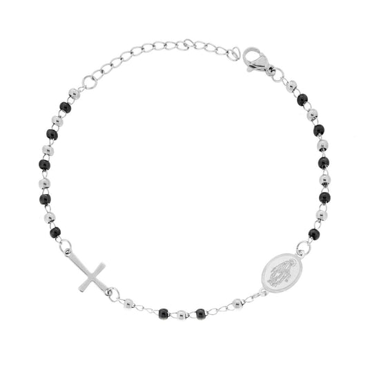 BRACCIALE ROSARIO CON CROCE E MEDAGLIETTA GRANI ACCIAIO E NERO