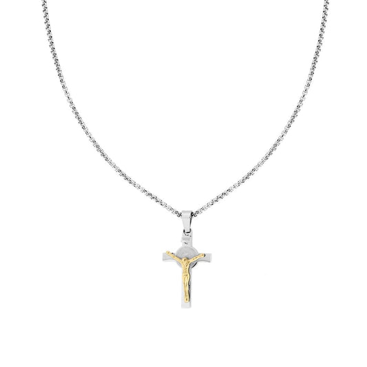COLLANA CATENA VENEZIANA TONDA CON CROCE GESU' CRISTO ACCIAIO GOLD