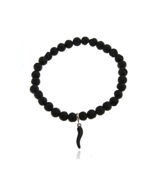 BRACCIALE ELASTICO CON SFERE NERE IN PIETRA LAVICA E CORNETTO IN ACCIAIO INOX