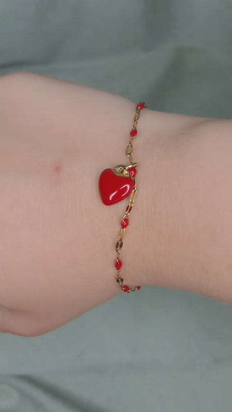 BRACCIALE CON CHARM CUORE BOMBATO SMALTATO ROSSO